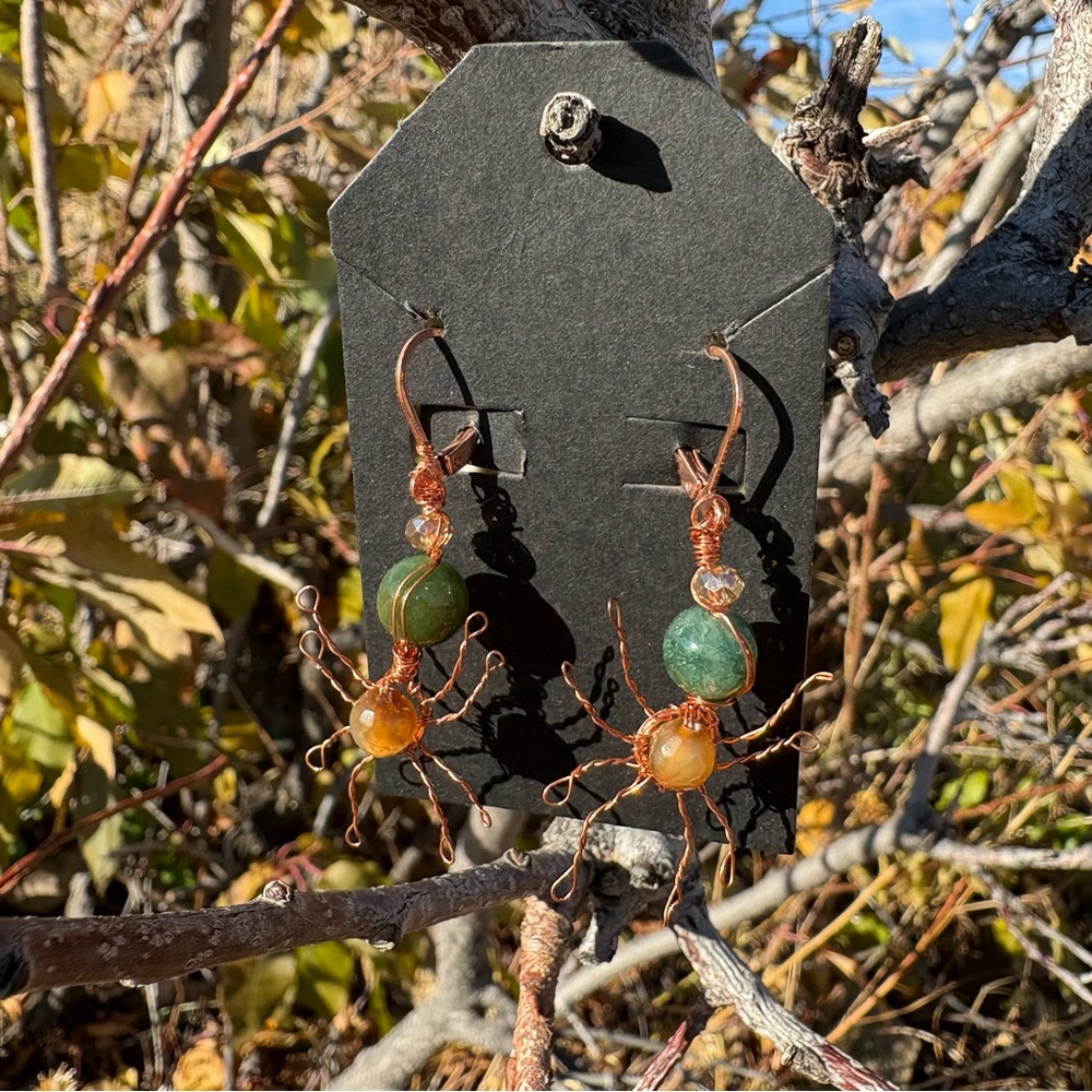 Cute & Creepy Copper and Moss Agate Hand-Made Spider Earrings